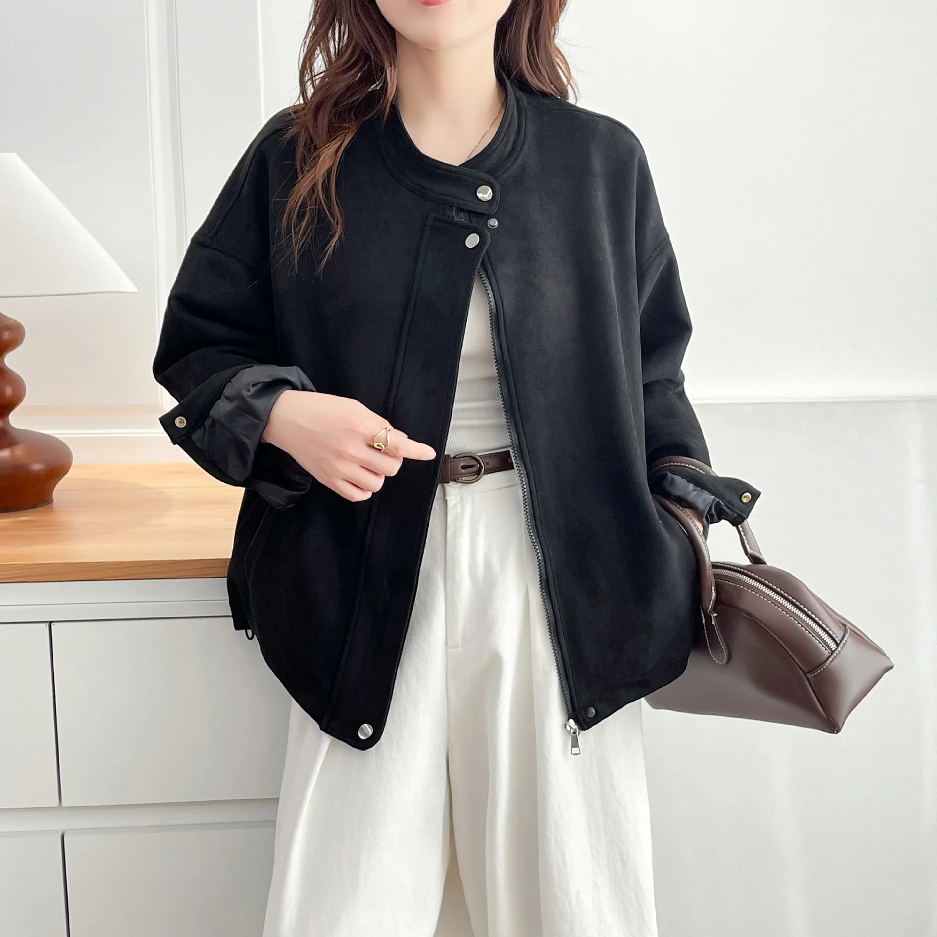 XXXXL Fashion Plus Size Women's Jacket Autumn Elegant Suede Fabric Casual Zipper Coat