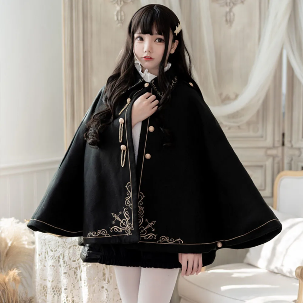 Autumn winter japanese sweet lolita woolen cloak cute rabbit ears bowknot  pockets plus velvet thicken gothic lolita coat cosplay