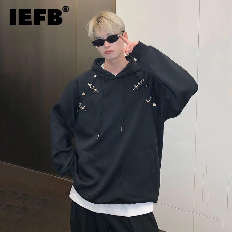

IEFB Autumn Winter Hoodies Trend Men's Niche Metal Stitching Design Hooded Sweater Chic Loose Long Sleeve Pullover Tops 9C1913
