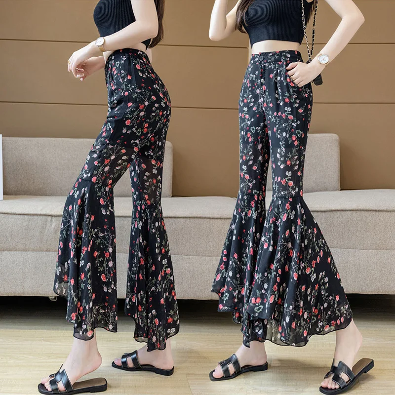 

Women High Waist Floral Chiffon Flared Pants Korean Fashion 2023 Elegant Trousers Pantalones Mujer Ropa