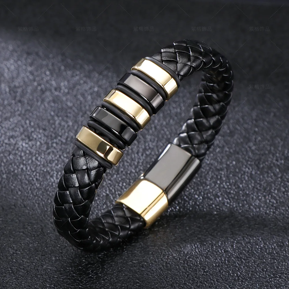

Light luxury fashion cowhide leather stainless steel charm bracelet for men, magnetic buckle bangle