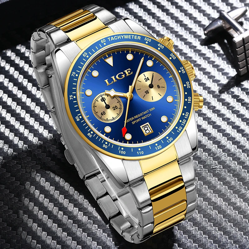 LIGE Top Brand Luxury Military Watch Men Fashion Sport Men Watch Business Full Steel Waterproof Chronograph Quartz Wristwatches