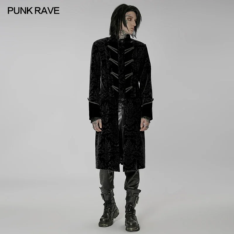 PUNK RAVE Men's Gothic Gorgeous Printed Spliced Collar Long Coat Party Club Halloween Black Outwear Autumn Winter Mens Jacket