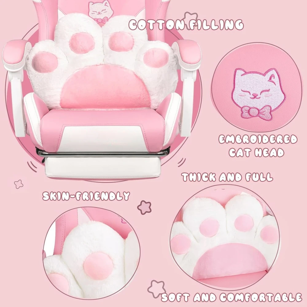 Pink Gaming Chair Cute with Cat Ears and Cat Paw Lumbar Cushion 6