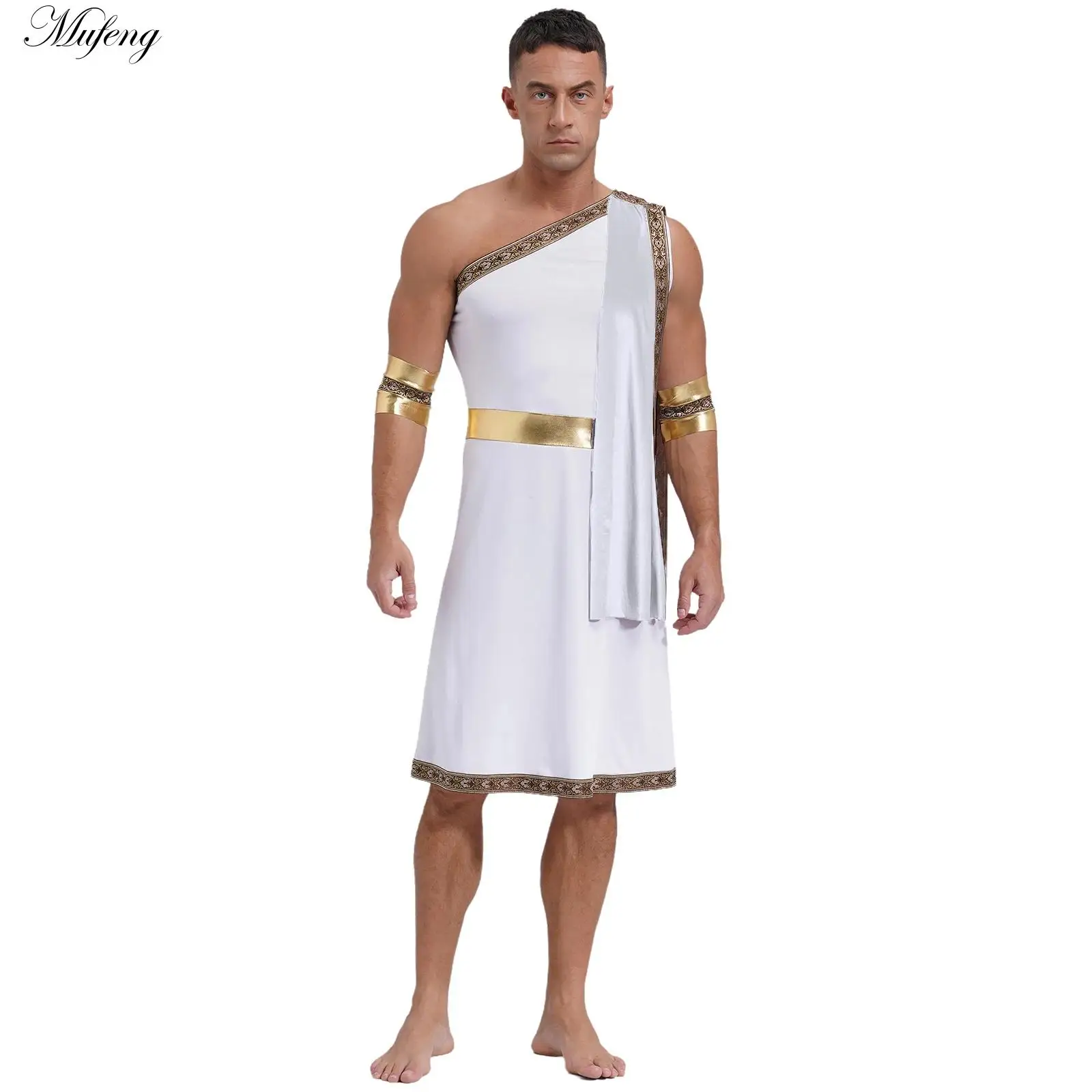 Cosplay Costume Halloween Ancient Greek Toga Roman One Shoulder Metallic Robe with Wristband