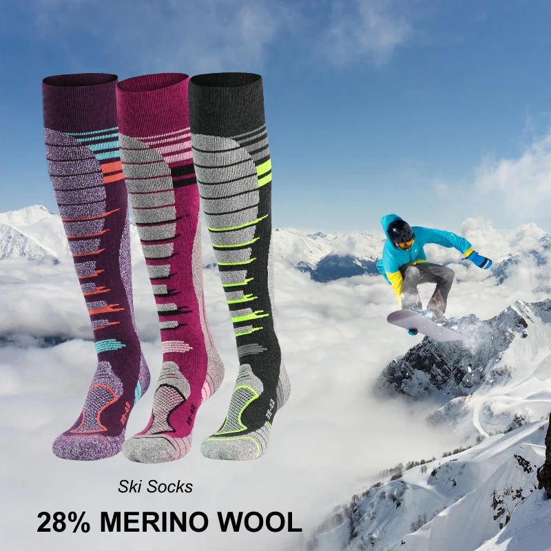 Ski Socks 2 Pairs Men Women Winter Outdoor Sports Thickened Insulation Merino Wool Breathable Wear-resistant Snow Stocking ski socks