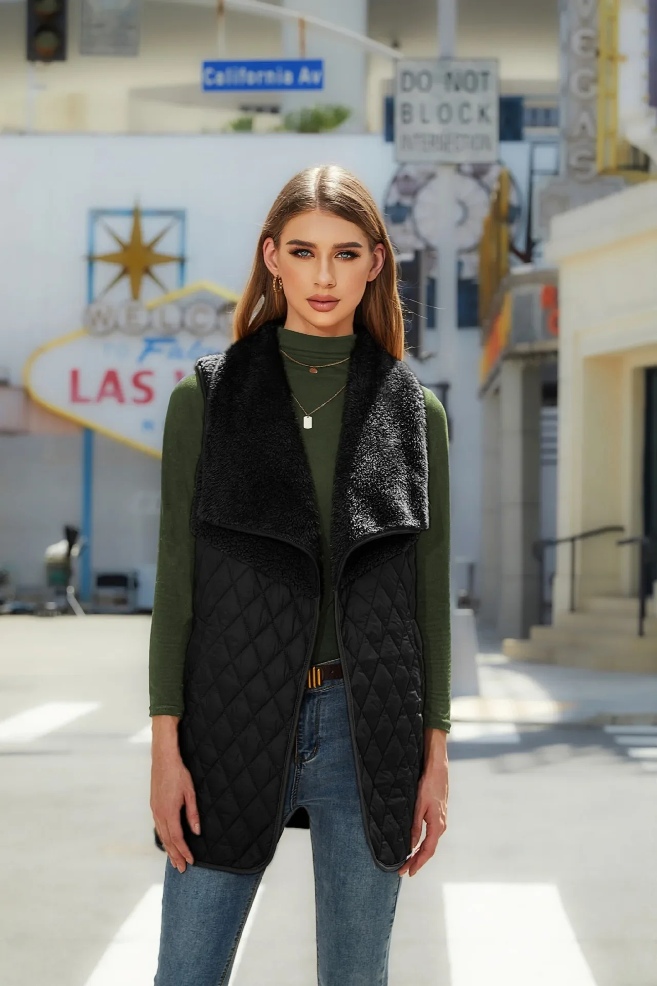 Women's Autumn New Fashion Versatile Plush Spliced Cardigan Sleeveless Coat Majia Girl