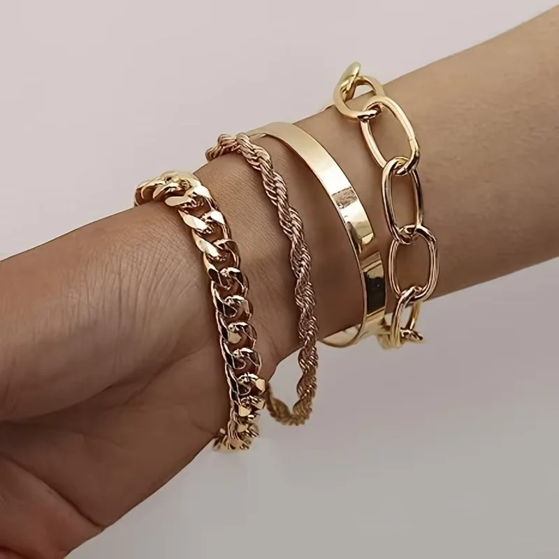 4 Pcs Punk Gold Color Cuban Link Chain Bracelet Set for Women Vintage Snake Chain Charm Bangles Couple Jewelry Gifts 2025 2