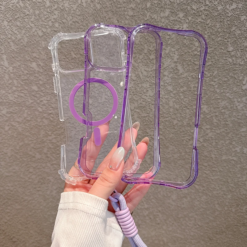 Heavy Duty Clear Shockproof Magnetic Phone Case with Magsafe Charging and Lanyard Attachment