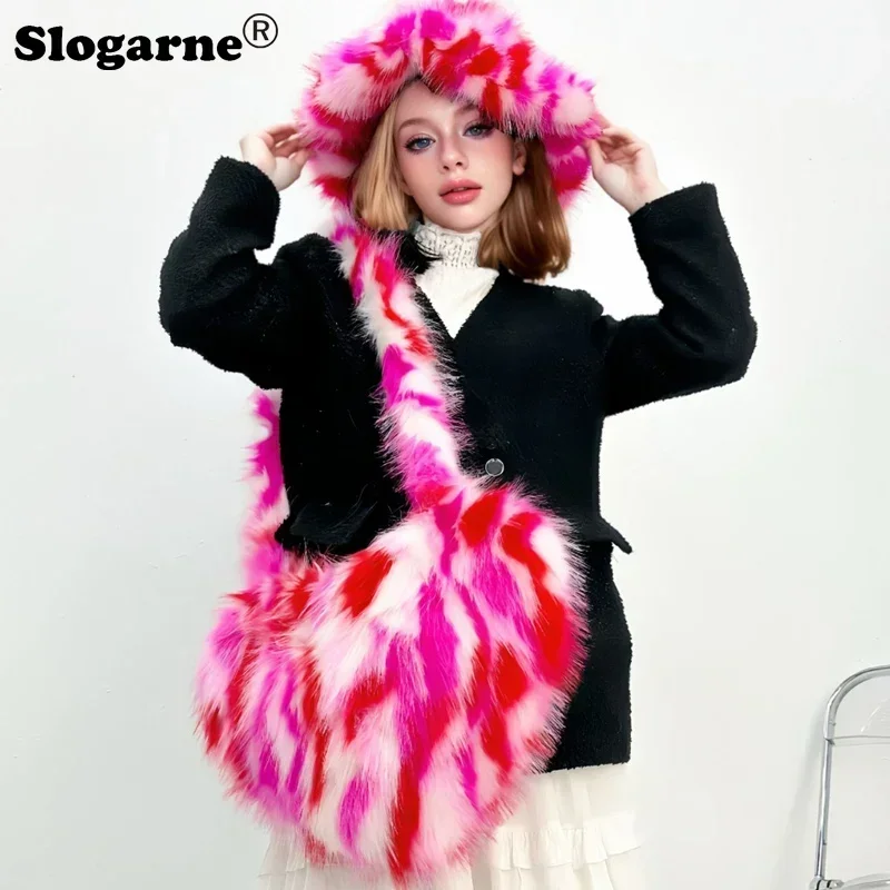 Women Faux Fur Shoulder Bag Fur Plush Bucket Hat Luxury Sets Furry Ski Hats Warm Caps Luxury Fluffy Bags New Y2K Suits