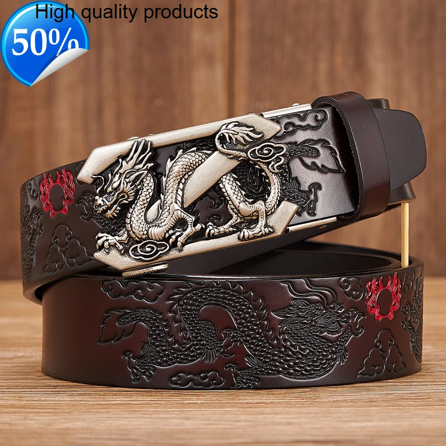 

3.5CM Male Genuine Leather Belts Casual Belt Z Automatic Buckle Luxury Design Dragon Pattern for Business Men Strap