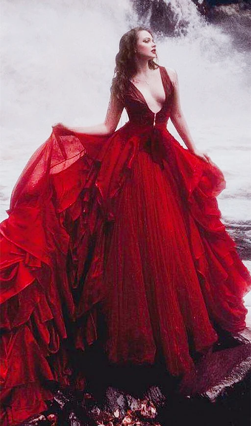 

Red Gothic Wedding Dress Deep V-Neck Ruffles Long Tulle Bridal Ball Gown Summer Romantic Vintage Bride Dresses Robe De Mariee