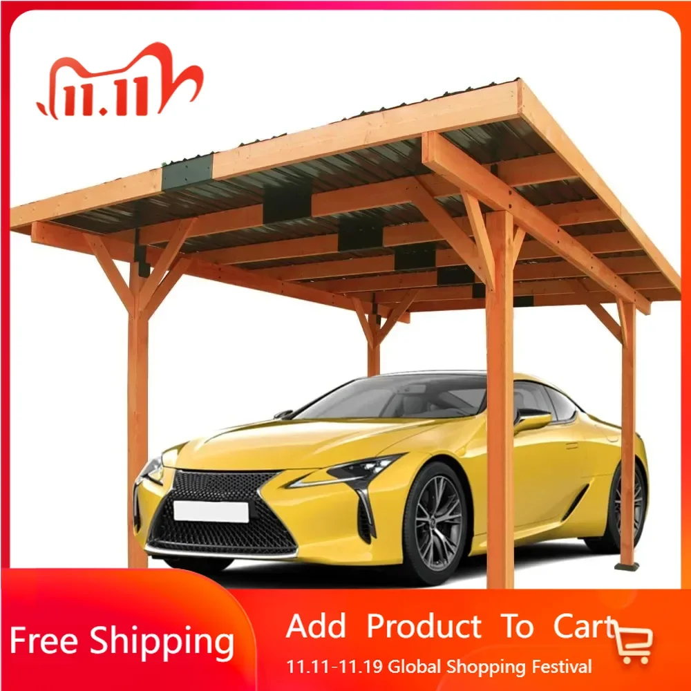 18.3 x 12.6 x 7.8 FT heavy-duty wooden carport, outdoor carport shelter with steel roof, hardtop pavilion for parking vehicles