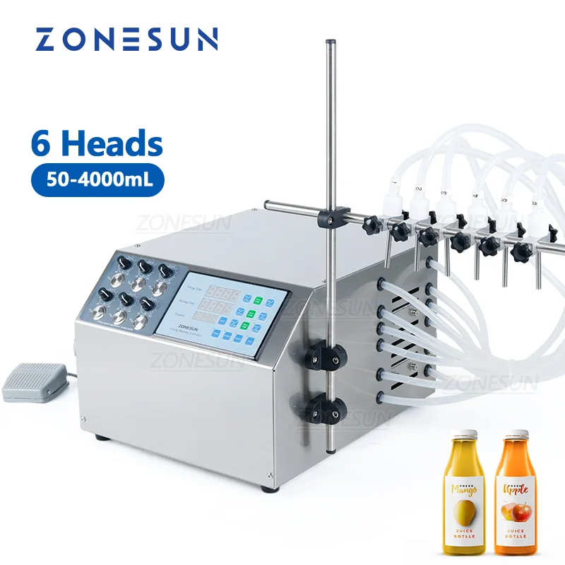 ZONESUN 6 Head Semi-Automatic Fruit Juice Mineral Water Bottling Fluid Liquid Dosing Dispenser Filling Machine System ZS-DPYT6P