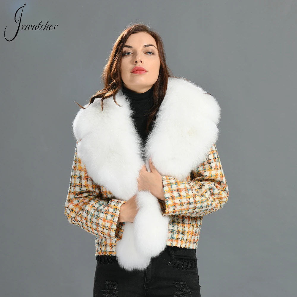 Jxwatcher Woolen Coats Women Winter 2022 Real Fox Fur Collar Fashion Plaid  Ladies Jacket Full Sleeves Female Cropped Outerwear AliExpress