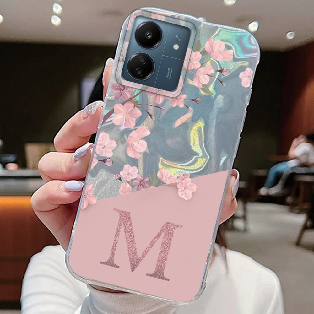 Floral Pink Silicone Bumper Case with Initial Letter A-Z Design