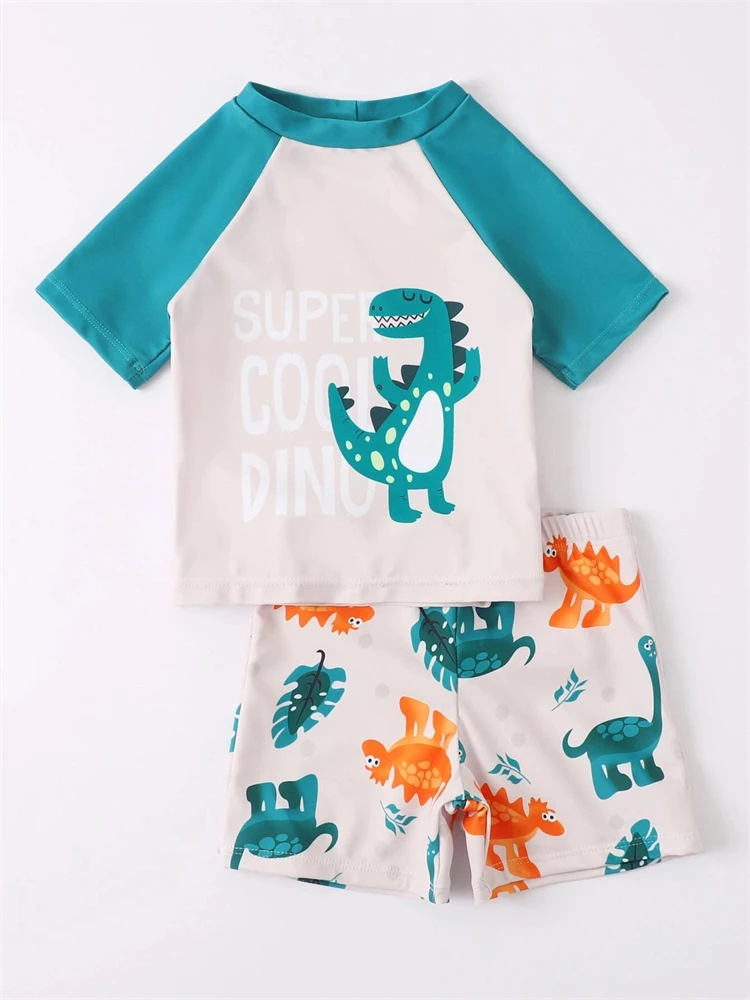 

Boy Swimsuit Kids 2024 New Dinosaur Print Two Piece Short Sleeves Children Swimwear Summer Shorts Beach Wear Bathing Suit Child