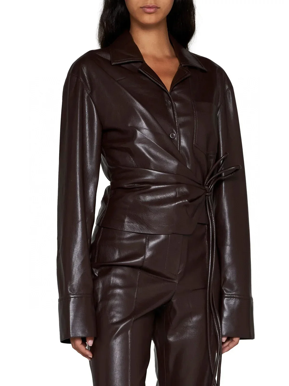 

Women Shirt Artificial Leather Long Sleeve Button Elegant High Quality Short Fashionable Autumn Winter Comfort Fit 2024