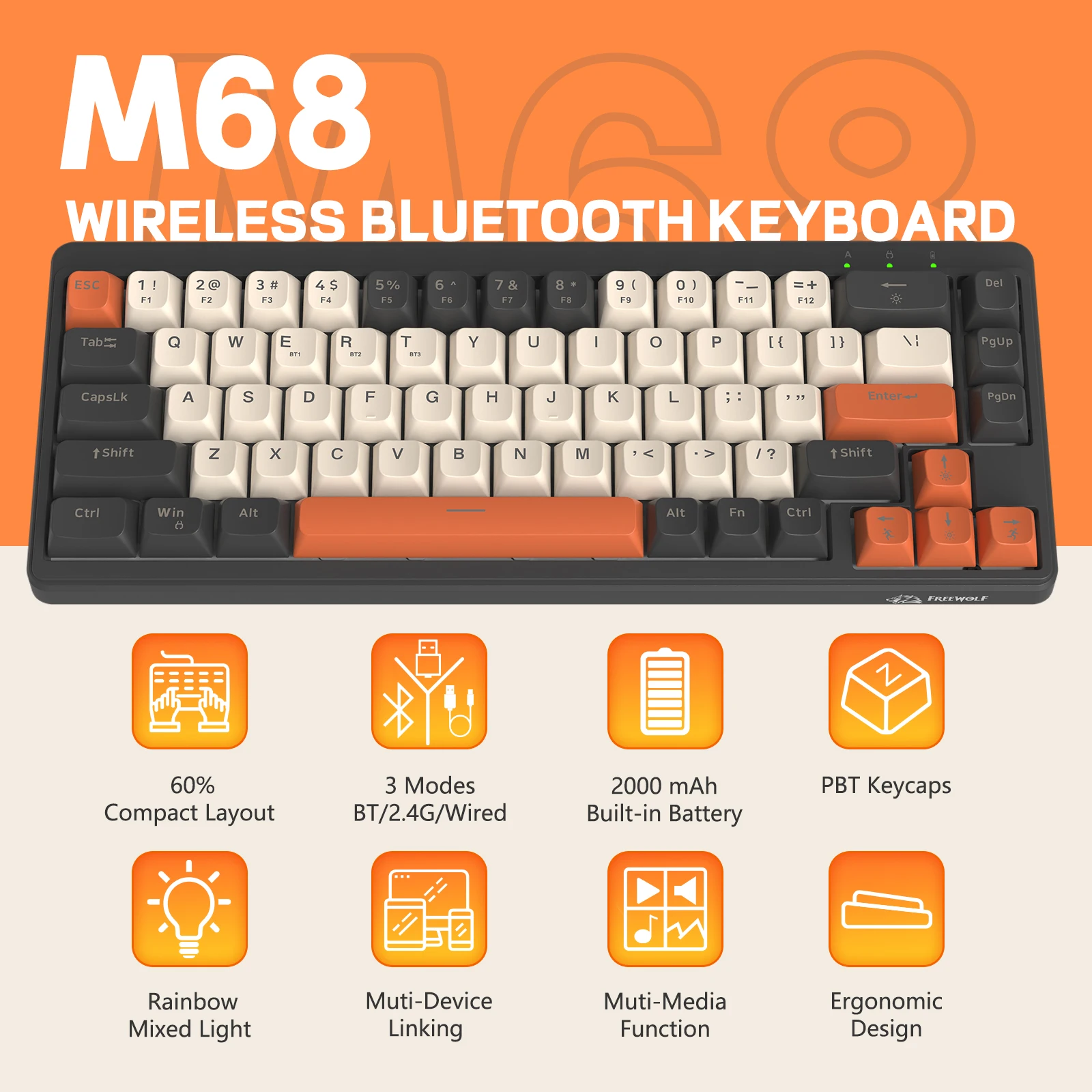 FREEWOLF M68 TKL Wireless Gaming Keyboard, 3-Mode Compact Membrane Keyboard 2.4Ghz/BT5.1/USB-C,Rainbow Backlit,67 Keys QWERTY