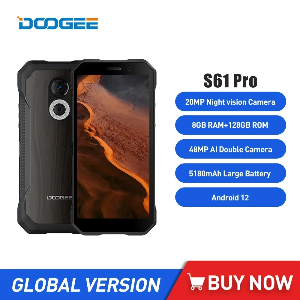 

DOOGEE S61 Pro Rugged Smartphone Multiple Back Case Design 6Inch HD Octa-core 6GB+128GB Android 12 Mobile Phone 20MP 5180mAh NFC