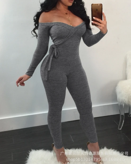 New Fashion 2024 Women Jumpsuit Spring Summer Sexy Deep V-Strap Long Sleeved Off Shoulder Two Color Jumpsuit Commuting Style 2024 men s winter warm sets lambwool pajamas sets men woolen solid zipper one piece casual long sleeve hooded long jumpsuit 5xl