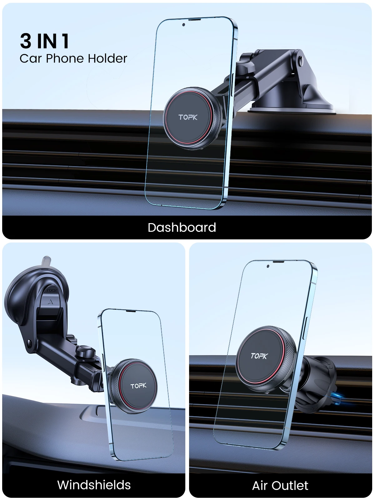 Magnetic Car Phone Mount; N52 Strong Magnet Dashboard Windshield Suction Cup Car