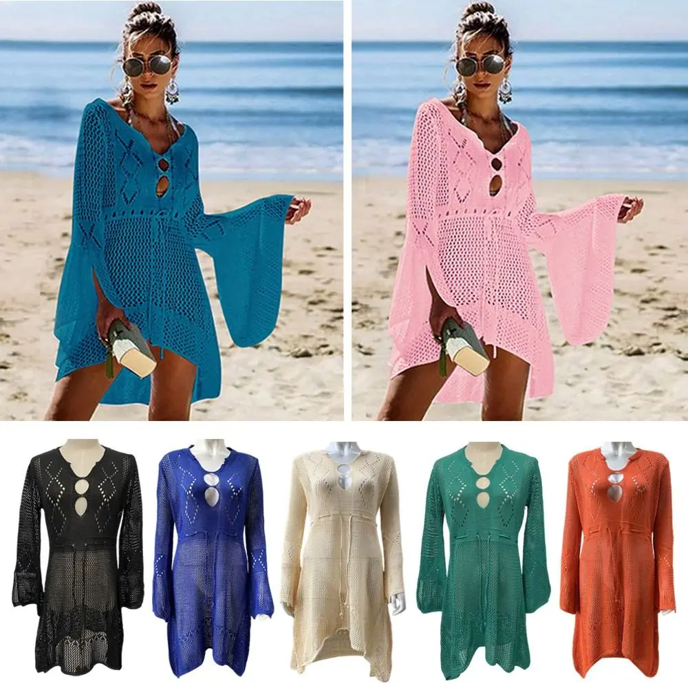 Fashion V Neck Summer Sunscreen Smock Knitted Hollow Out Swimsuit Cover Up Dress Bathing Suit Casual Bikini Cover-Ups for Women 2