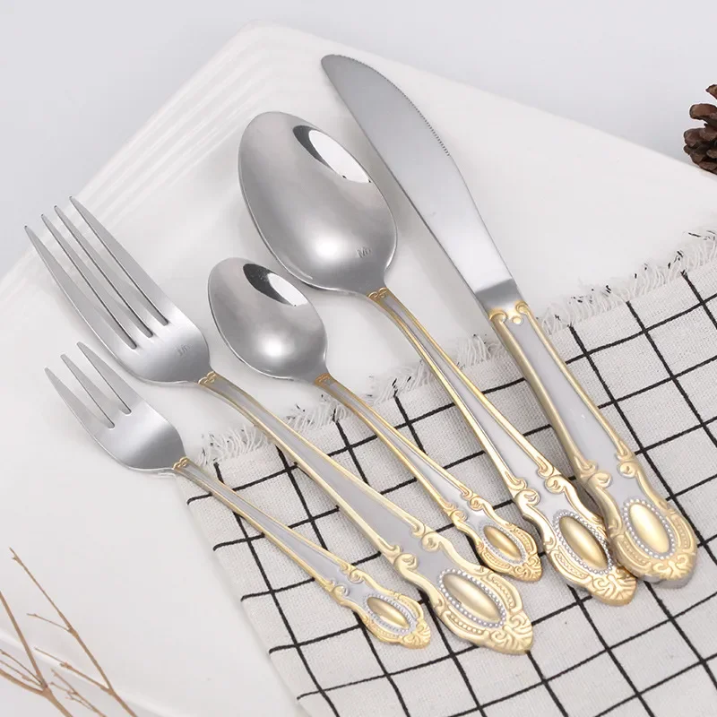 

Steel Stainless Tableware Dinnerware Flatware Set Vintage Kitchen 18/10 Spoon Knife Fork Tea Gold 6People Silverware Cutlery Set