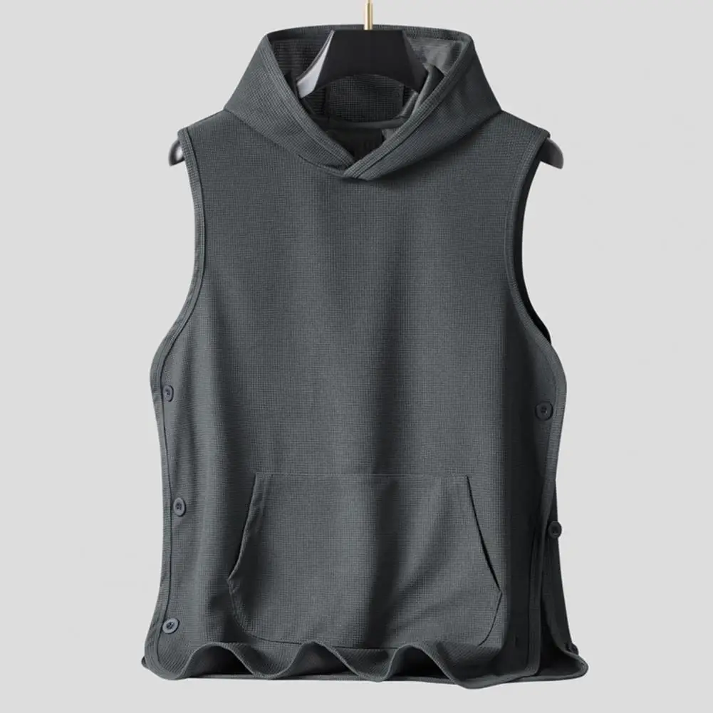 

Fitness Hoodie Men's Hooded Vest with Side Button Closure Patch Pocket Streetwear Sport Hoodie for Daily Wear Men Hooded Vest