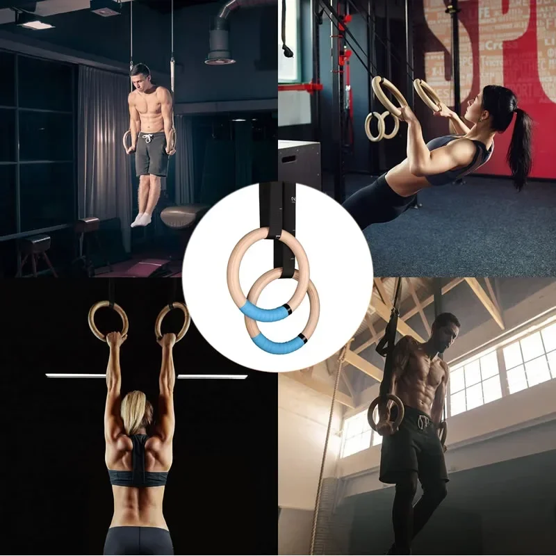 Gymnastic Rings Wood with Adjustable Straps GYM Ring for Kids Adult Home Fitness Pull Up Strength Training 1 Pair