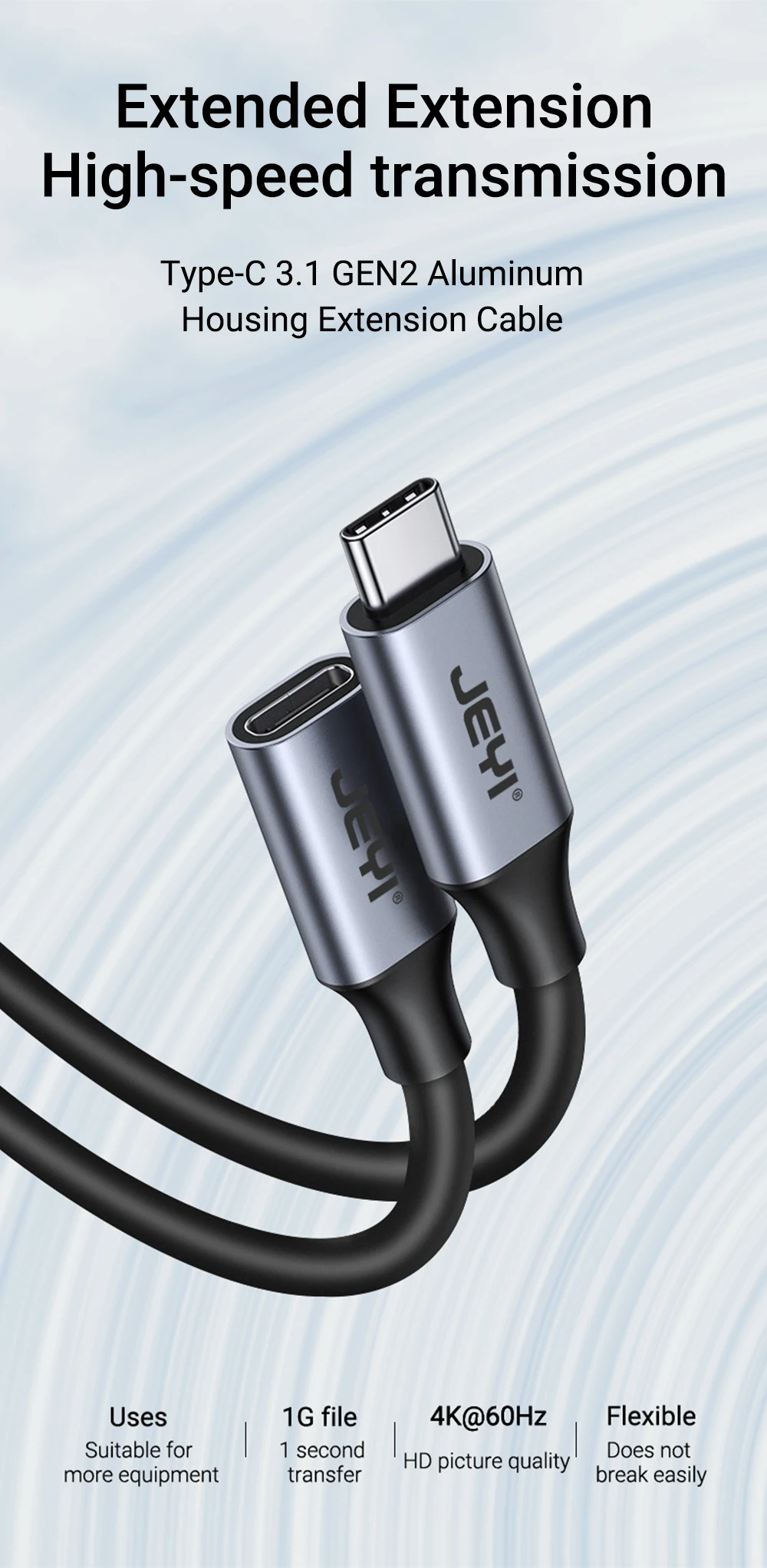 JEYI USB-C-Verlängerungskabel (Stecker auf Buchse) – USB 3.1 Gen 2 10 Gbit/s Daten und 60 W PD-Aufladung, kompatibel mit iPad Pro, MacBook, Laptop – Detail 2