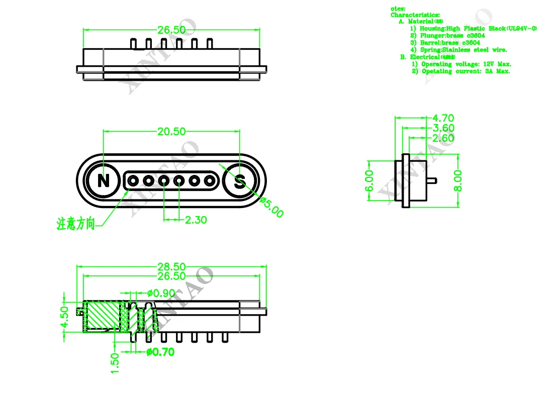 7er-Set DC-Stecker-Buchsen-Pogo-Pin-Adapter 2/3/4/5/6-polig, 2,2 mm Rastermaß, federbelasteter DC-Magnet-Stromanschluss für DIY-Projekte – Detail 12