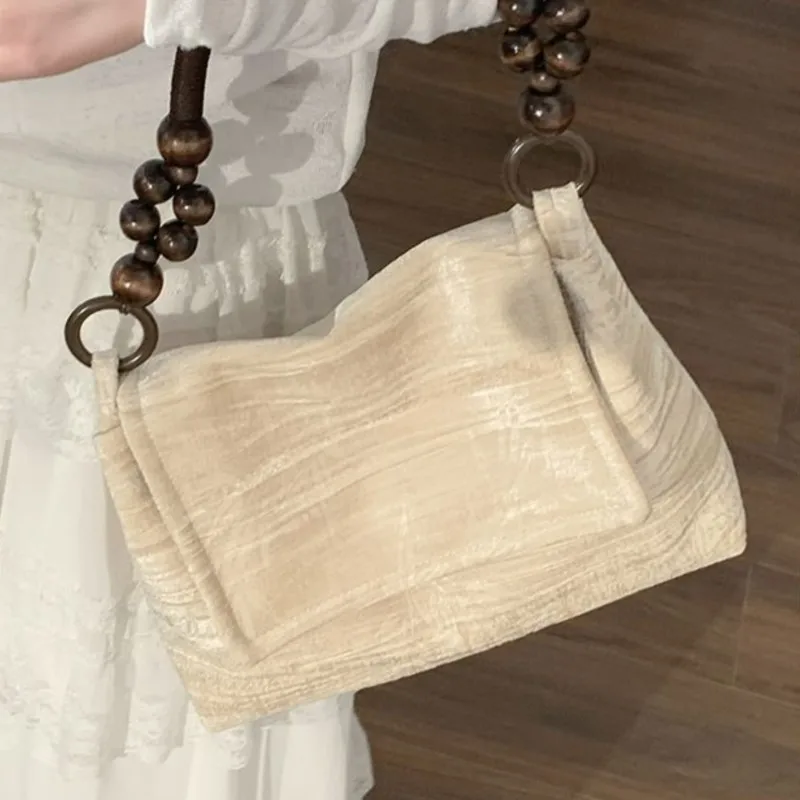 Retro Velvet Beige Handbag Women Beaded Handle Square Large Capacity Shoulder Bags Ladies Elegant Gentle Versatile Underarm Bag