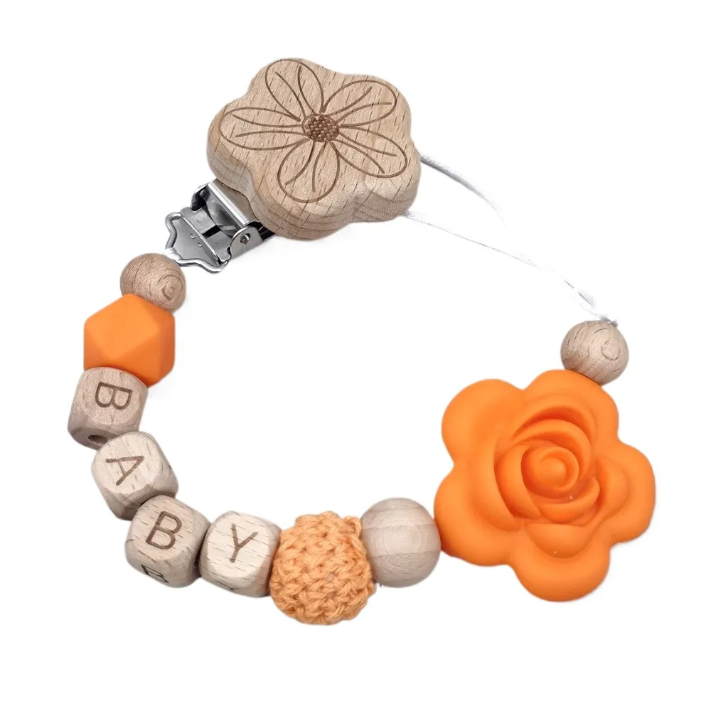 Personalized Name Flower Baby Pacifier Chain, Wooden Clip & Silicone Bead, Crochet & Alphabet Beads, Anti-Lost Dummy Strap