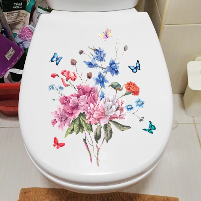 M484 Color Butterfly Peony Flower Toilet Sticker Bathroom Toilet Cover Wall Stickers Wc For Home Decoration