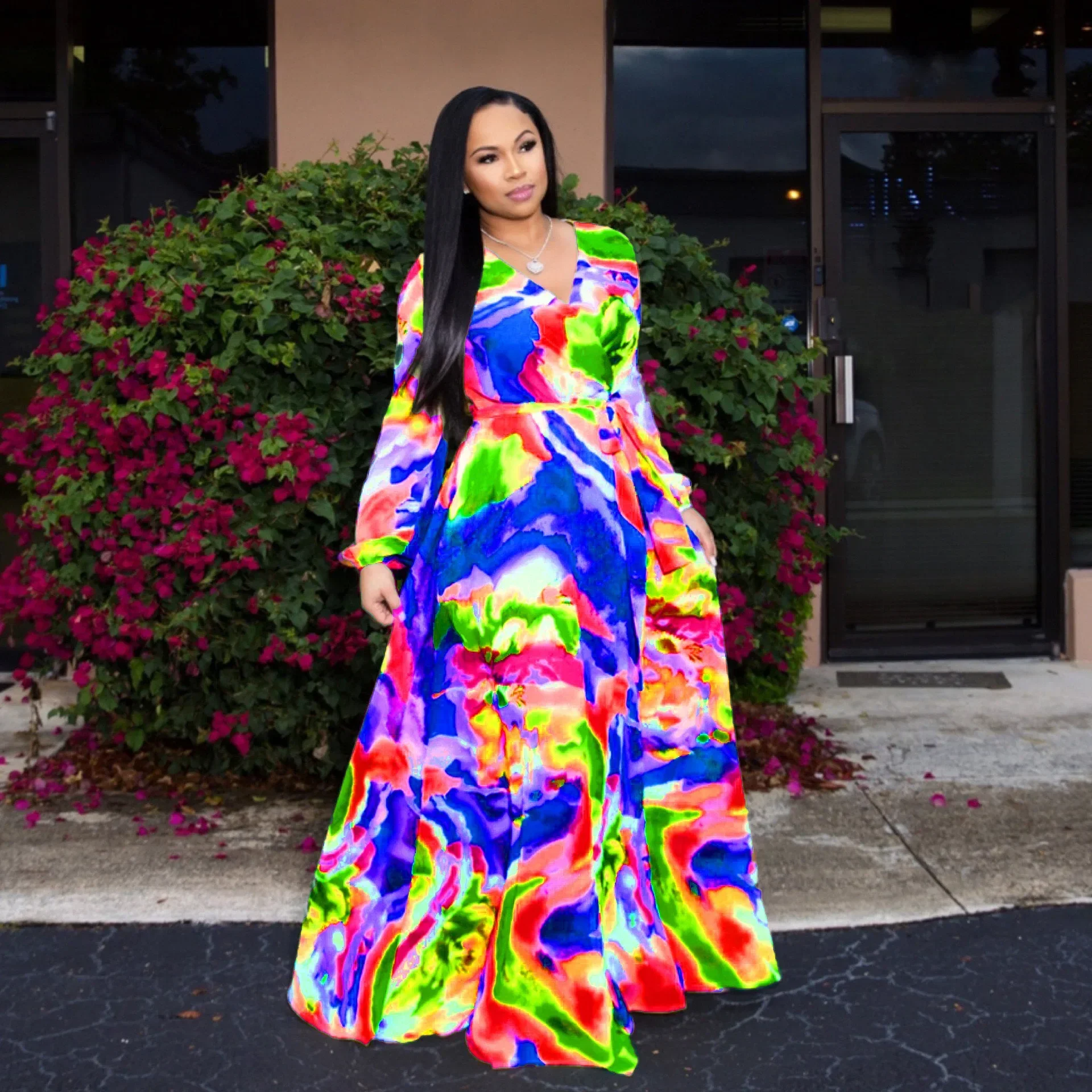 

Elegant Pearl Chiffon Long Dress Women Digital Printing Sexy V-neck Long Sleeve Swing Dress Maxi Dress Plus Size High Quality