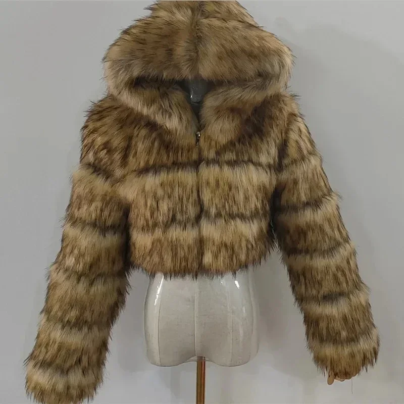 Autumn Furry Cropped Faux Fur Coats Jackets Women Fluffy Top Coat Hooded Straight Short Winter Fur Jacket Fashion Streetwear New 4