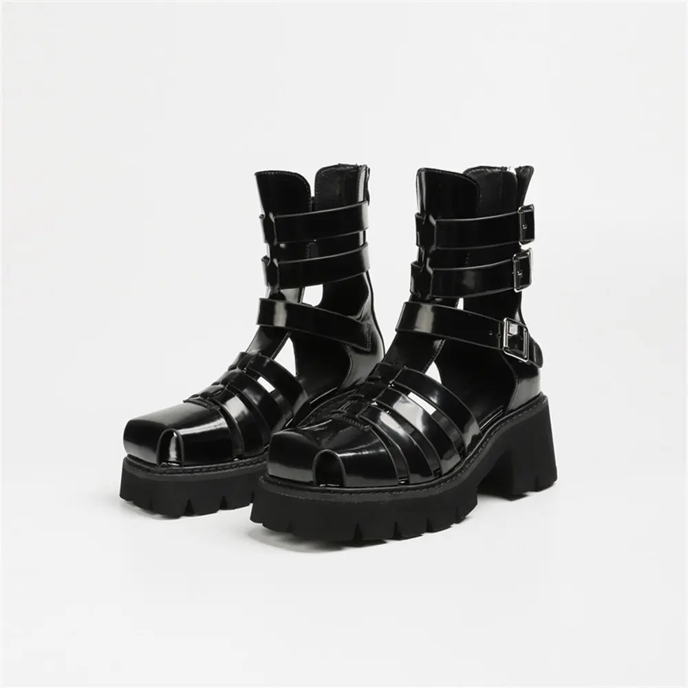 Damen Gladiator Sandalen Mit Blockabsatz Schwarze Sommerschuhe_voghion.com