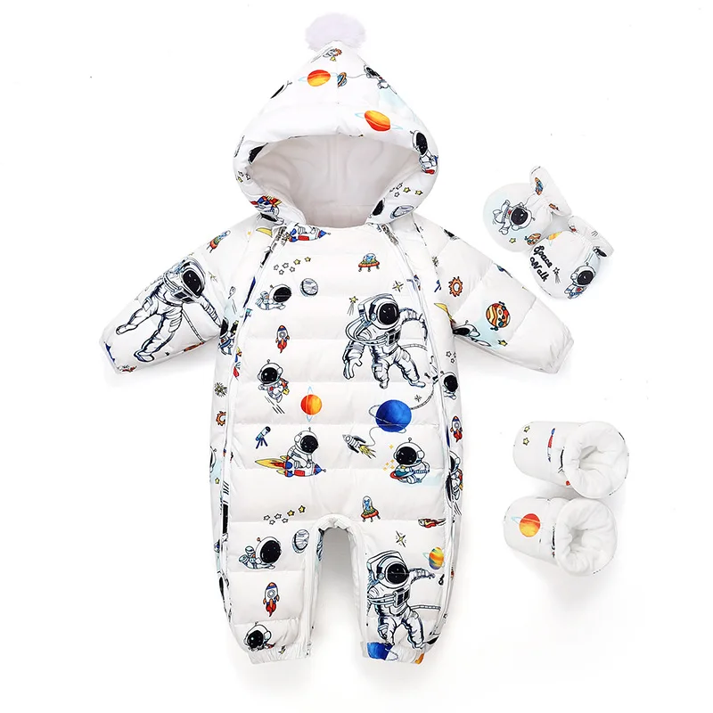 Clibeso Winter Overalls for Newborn Baby Thick Down Jacket Boys Girls Romper Infant Astronaut Cartoon Pattern Jumpsuit