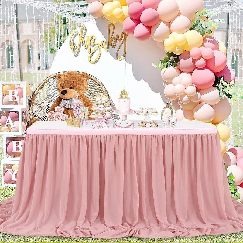 1 Pink Chiffon Table Skirt Rectangle/Round Tables Sheer Tablecloth for Baby Shower Birthday Party Wedding Cake Table Decorations