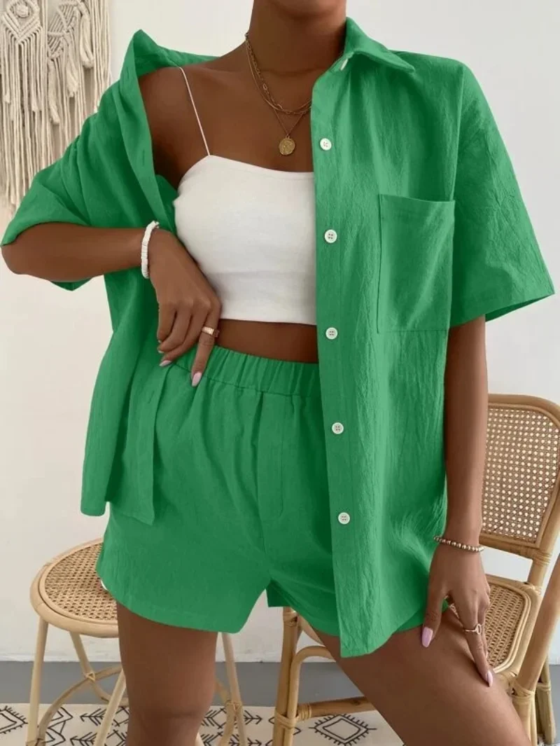 Long Sleeve Single-breasted Top + Broad-legged Shorts Set Fashion Ladies Sexy Solid Suits 2023 Summer 2 Piece Outfits for Women