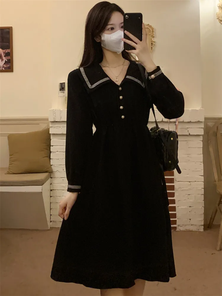 

Autumn Vintage V-neck Dress for Women Korean Solid Robe Office Lady Casual Button High Waist Slim Long-sleeve Elegant Midi Dress