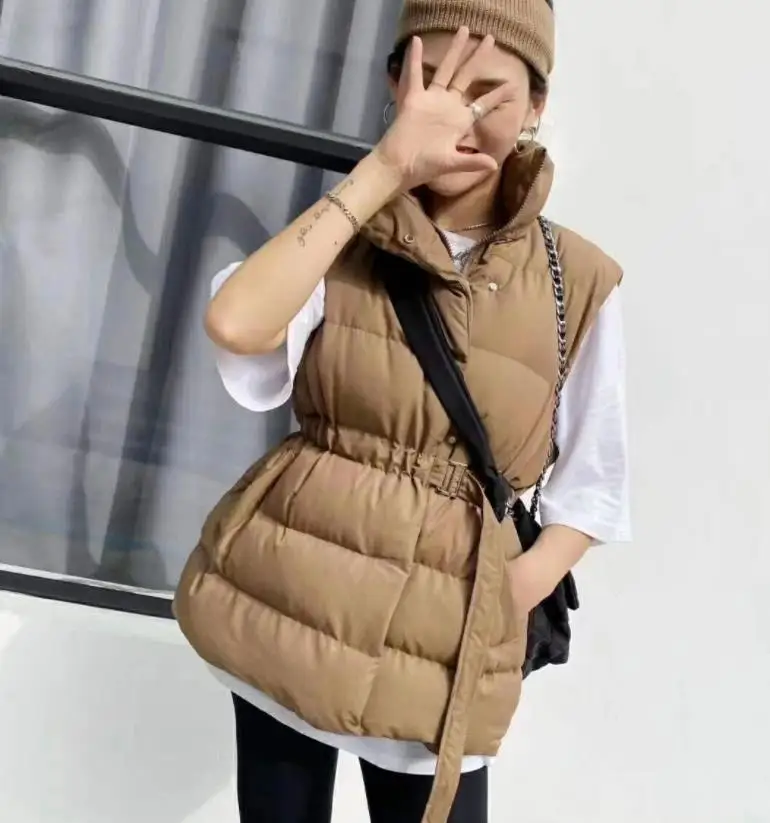 2022 autumn winter new down jacket solid color drawstring waist slimming stand collar sleeveless down vest jacket women