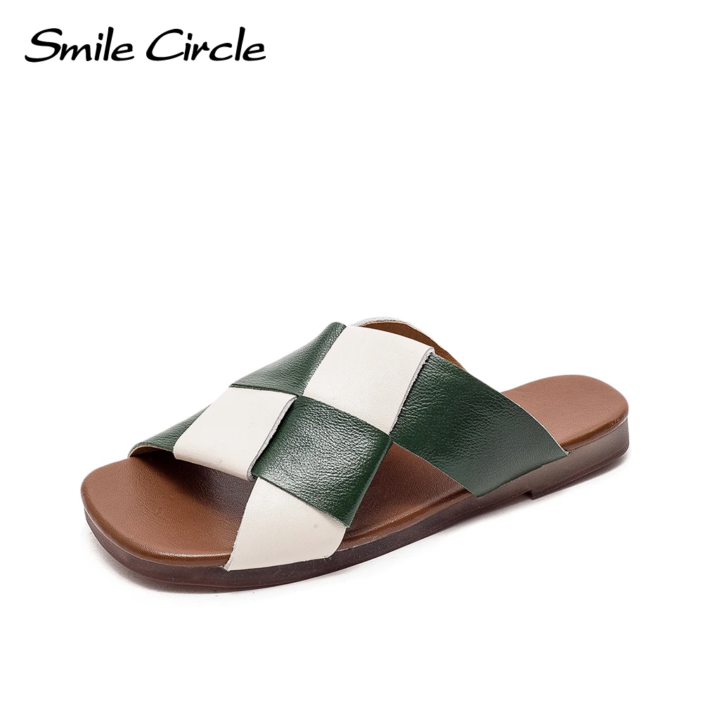 

Smile Circle Women's Sandals Summer Genuine Leather Plaid Flat Sandals Fashion Soft Bottom Slippers