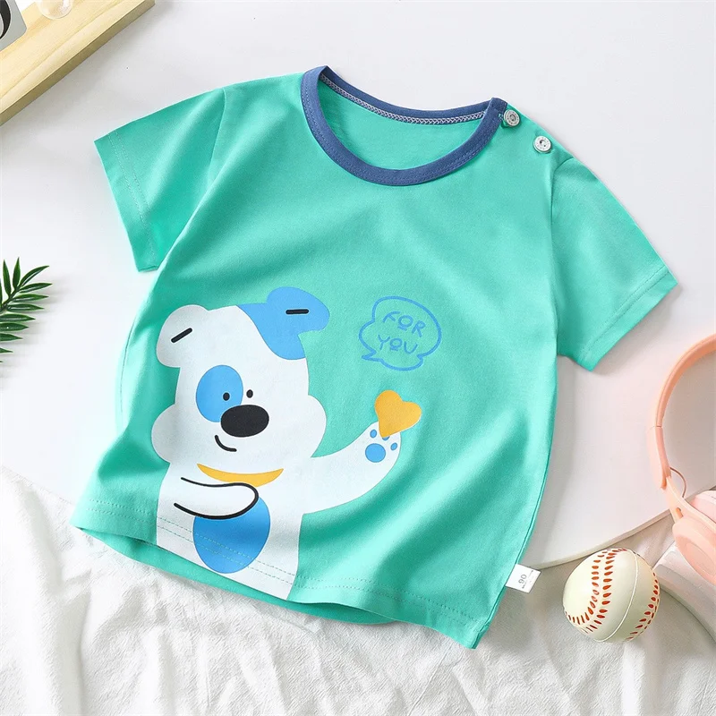 Summer Short Sleeve Soft Cotton T-Shirt Kids Baby Boys Cartoon Dinosaur Dog Crocodile Print Tracksuit Casual Clothes 1-4 Years