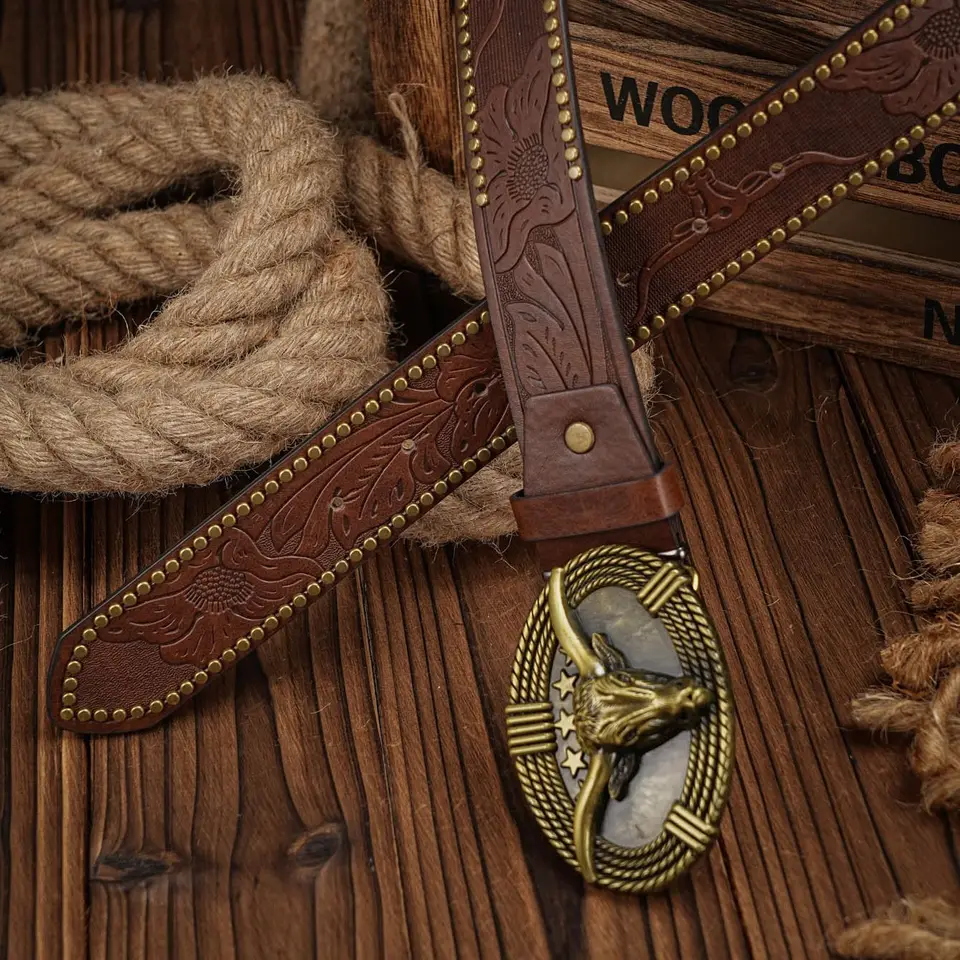 Cintura Da Cowboy Texas Longhorn In Pelle Con Fibbia A Testa Di Toro - Uomo