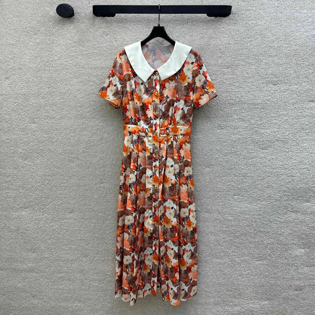 

Женское длинное платье в стиле бохо, однобортное платье с цветочным принтом, коротким рукавом и воротником «Питер Пэн», лето 2024