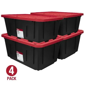 27 Gallon Stackable Snap Lid Plastic Storage Bin Container, Black with Red Lid, Set of 4 1