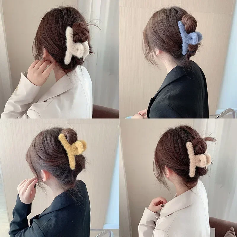 Hair Accessory Women Hair Claw Winter Faux Fur Hair Clip Elegant Acrylic Crab Barrette Hairpin Girl-Hair Accessory Furry Headwear Claw Clip
