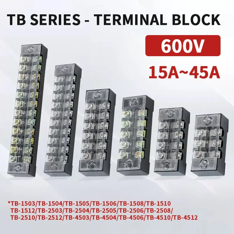 

600V 15A/25A/45A 3/4/6/8/10/12 Positions Optional Dual Row Barrier Screw Terminal Block Strip Wire Connector